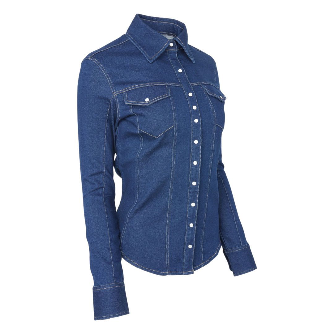 TuffRider Cody Ladies Western Denim Shirt with Covered Zip Closure and Decorative Pearl Snaps
