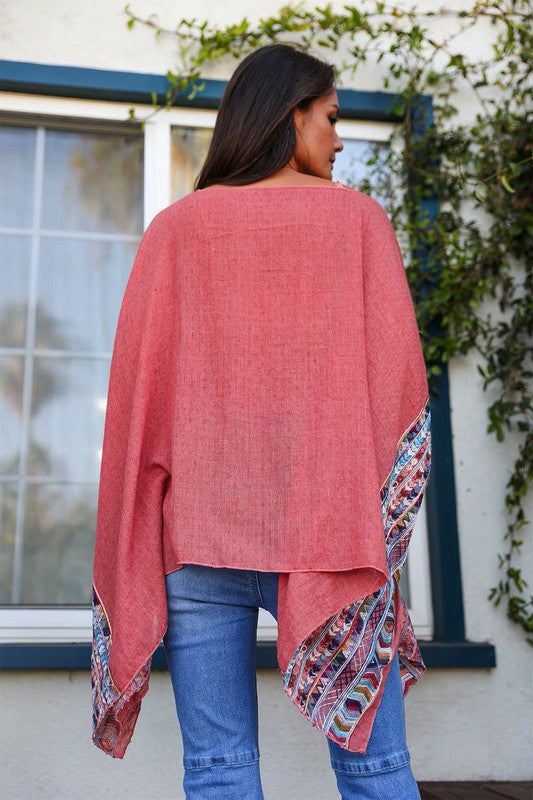 Geometric Embroidered Sleeve Kimono Poncho choice of colors