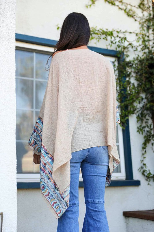 Geometric Embroidered Sleeve Kimono Poncho choice of colors