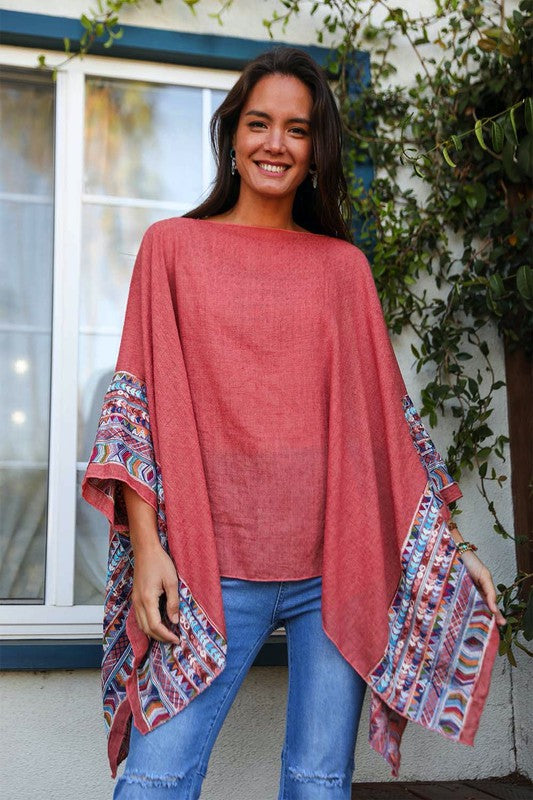 Geometric Embroidered Sleeve Kimono Poncho choice of colors