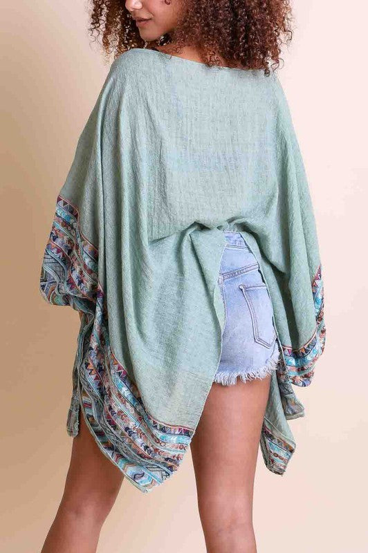 Geometric Embroidered Sleeve Kimono Poncho choice of colors