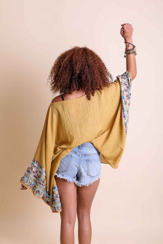 Geometric Embroidered Sleeve Kimono Poncho choice of colors