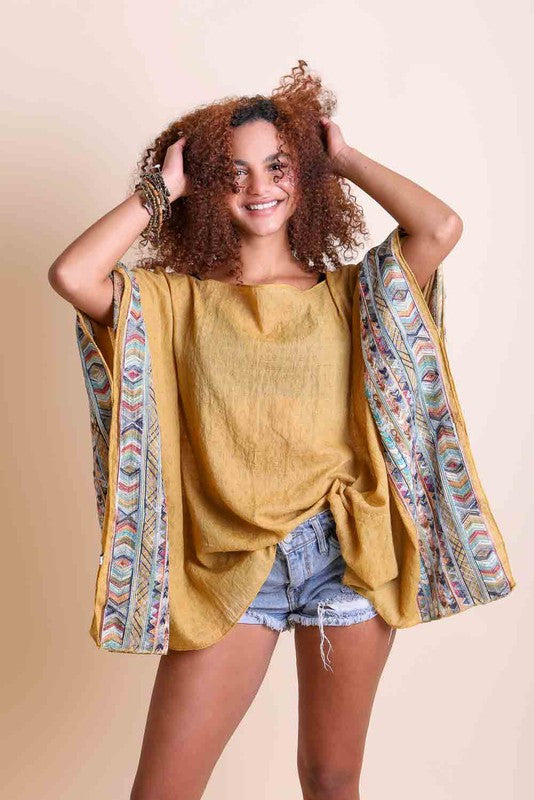 Geometric Embroidered Sleeve Kimono Poncho choice of colors