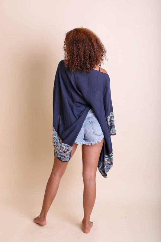 Geometric Embroidered Sleeve Kimono Poncho choice of colors