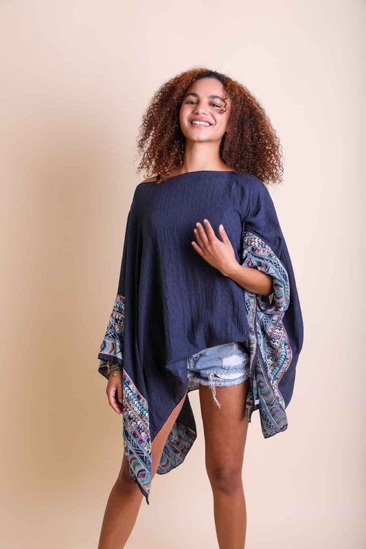 Geometric Embroidered Sleeve Kimono Poncho choice of colors