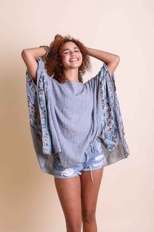 Geometric Embroidered Sleeve Kimono Poncho choice of colors