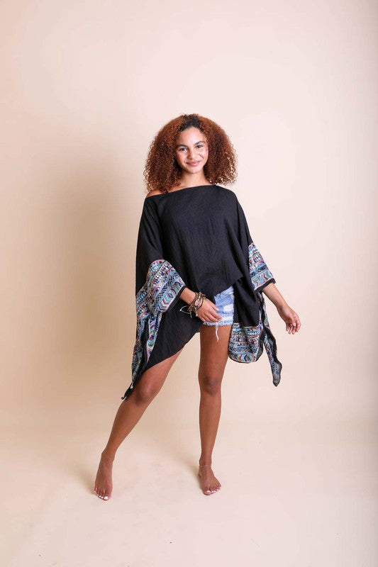 Geometric Embroidered Sleeve Kimono Poncho choice of colors