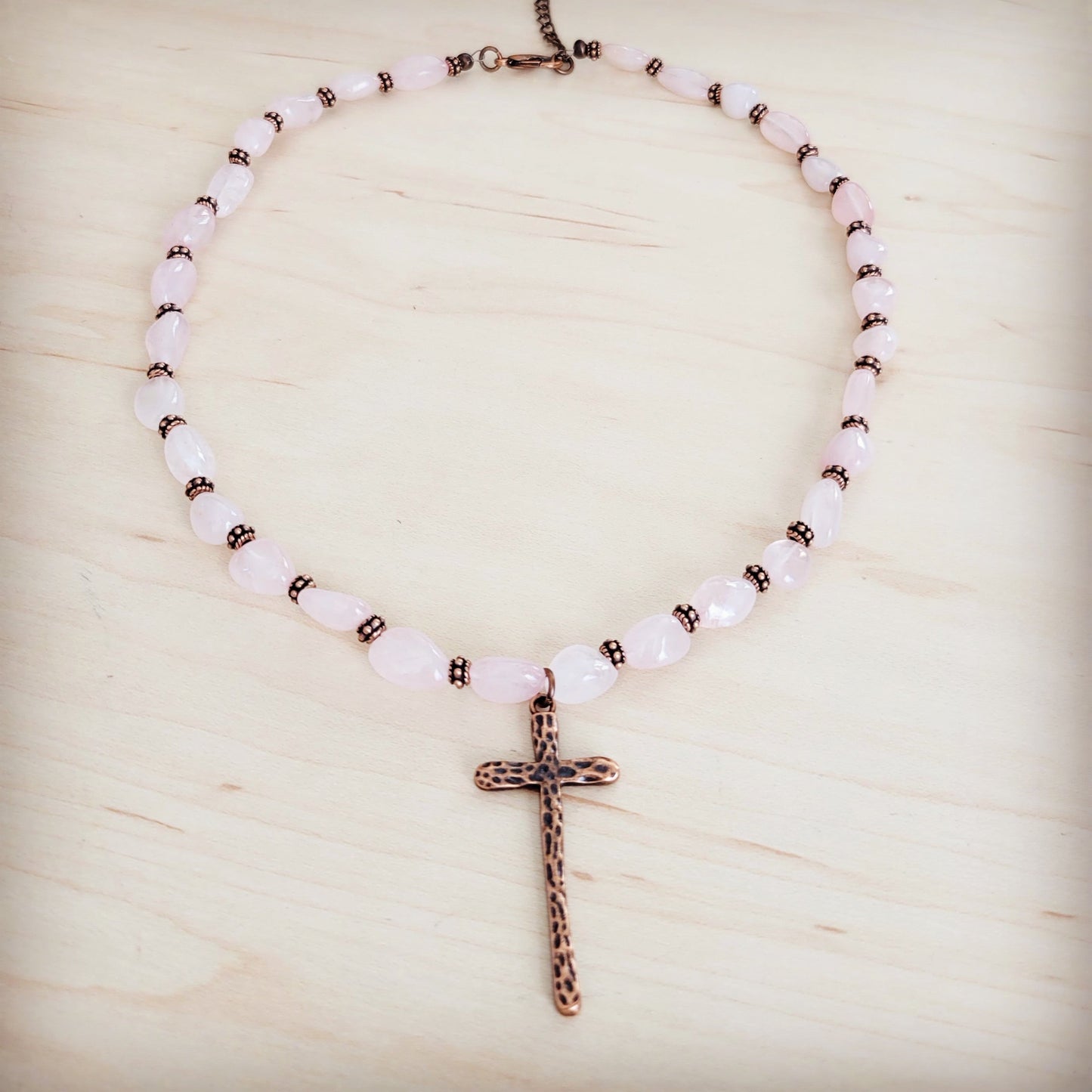 The Jewelry Junkie **Rose Quartz Collar Necklace w/ Copper Cross Pendant 263i