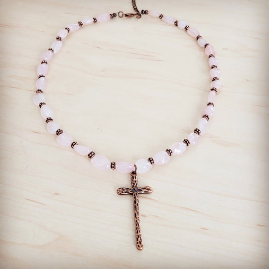 The Jewelry Junkie **Rose Quartz Collar Necklace w/ Copper Cross Pendant 263i