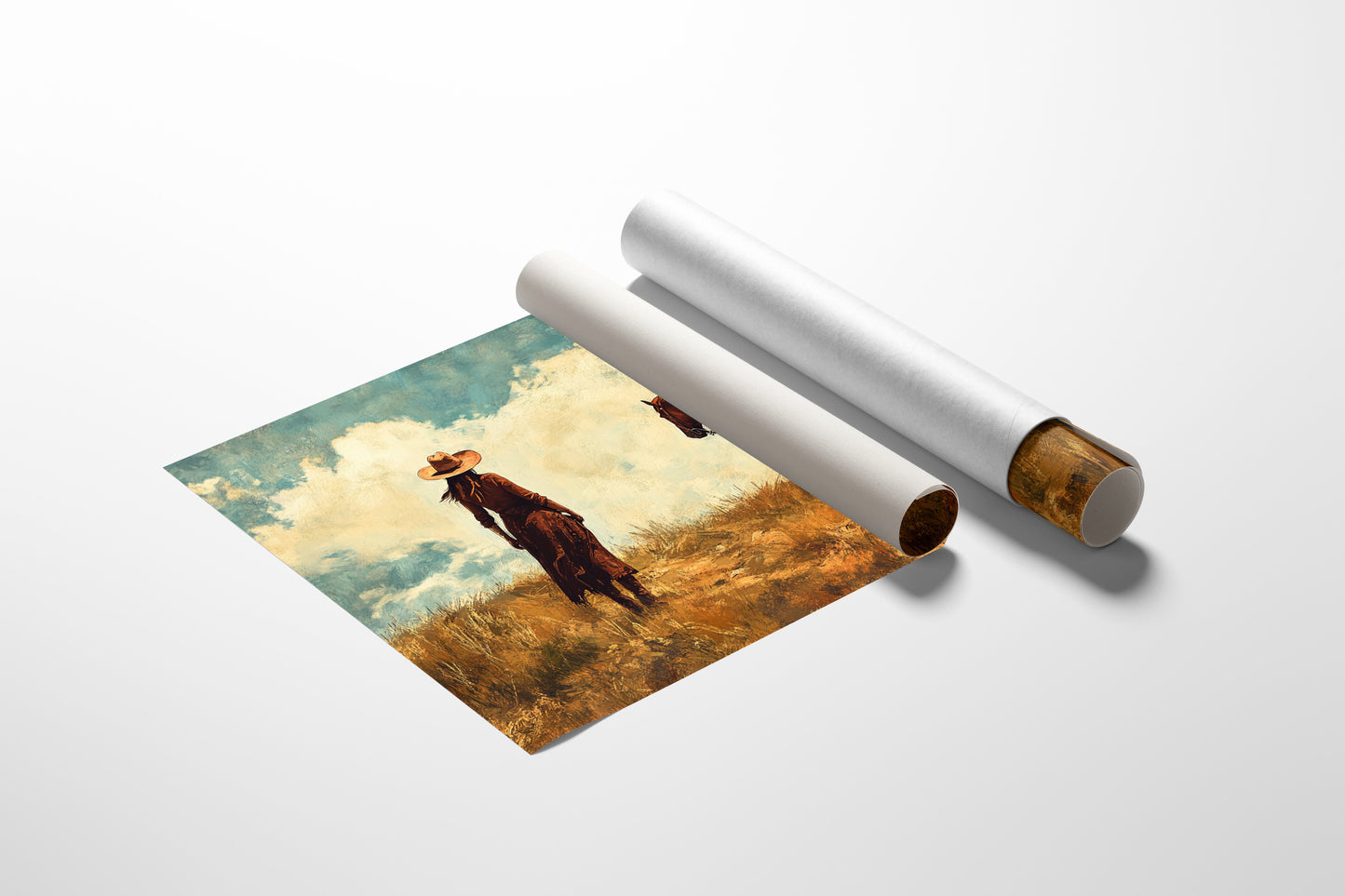 Cowgirl and Horse Under Big Sky