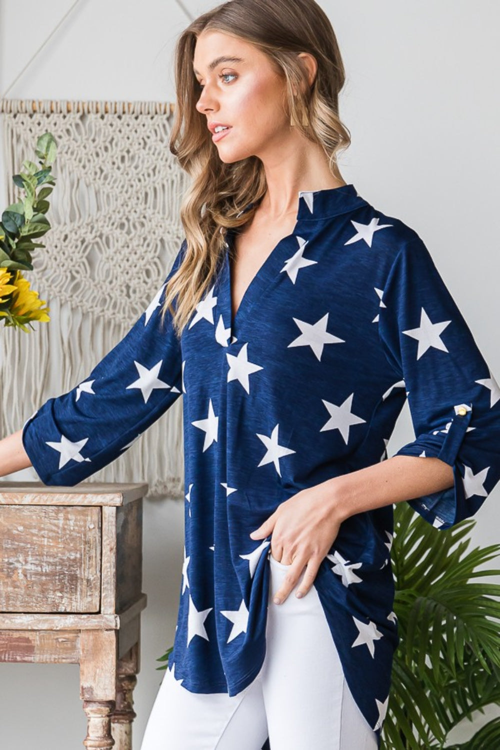 Star Print Roll-Tab Sleeve Star Print Top