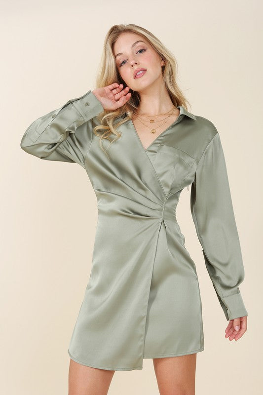 Satin collared wrap mini dress choice of colors