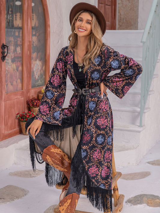 Boho Fringe Open Front Velvety Feel Long Sleeve Duster