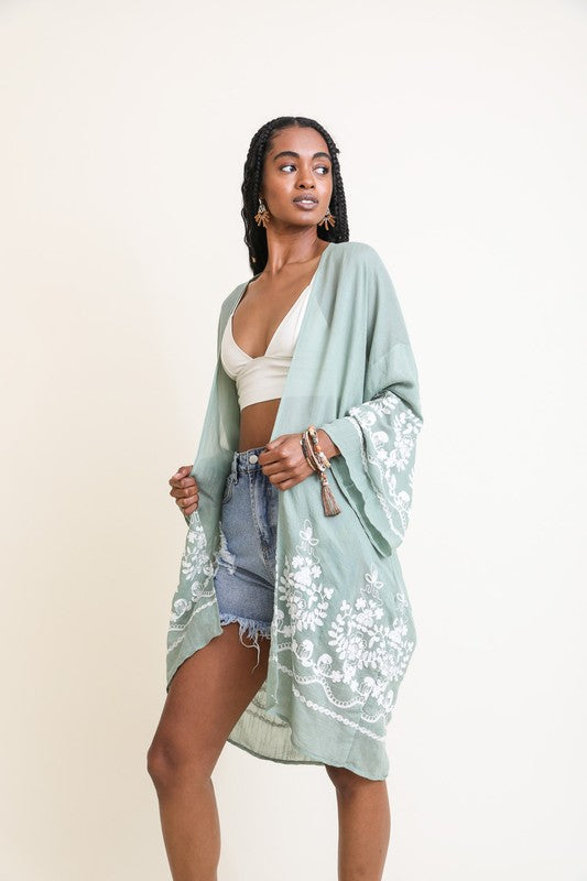 Embroidered Floral Vine Lightweight Kimono choice of colors