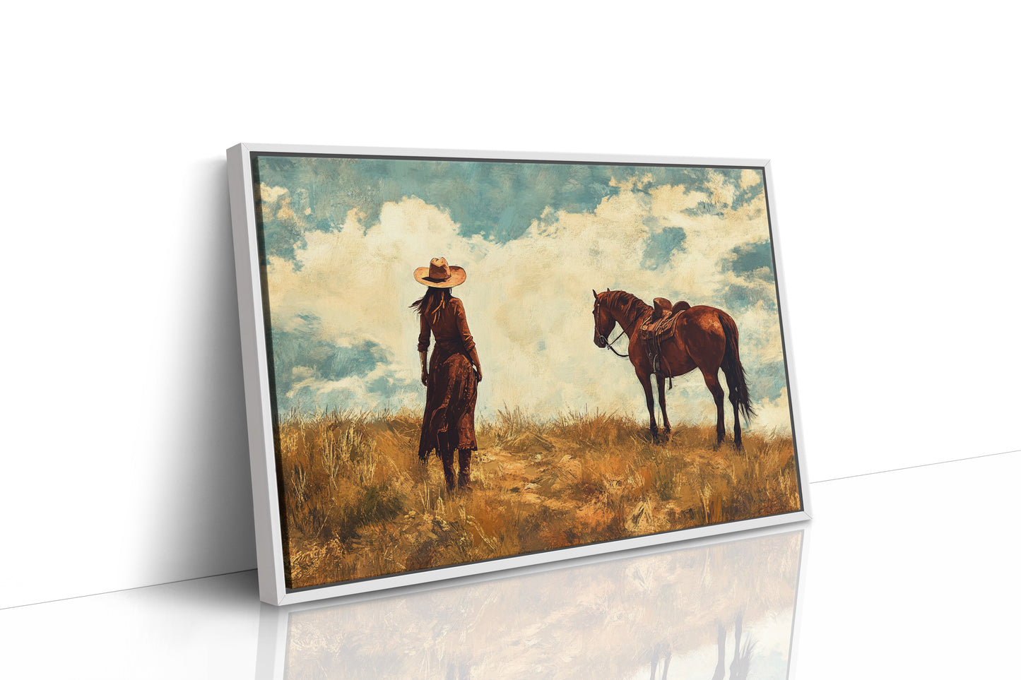 Cowgirl and Horse Under Big Sky