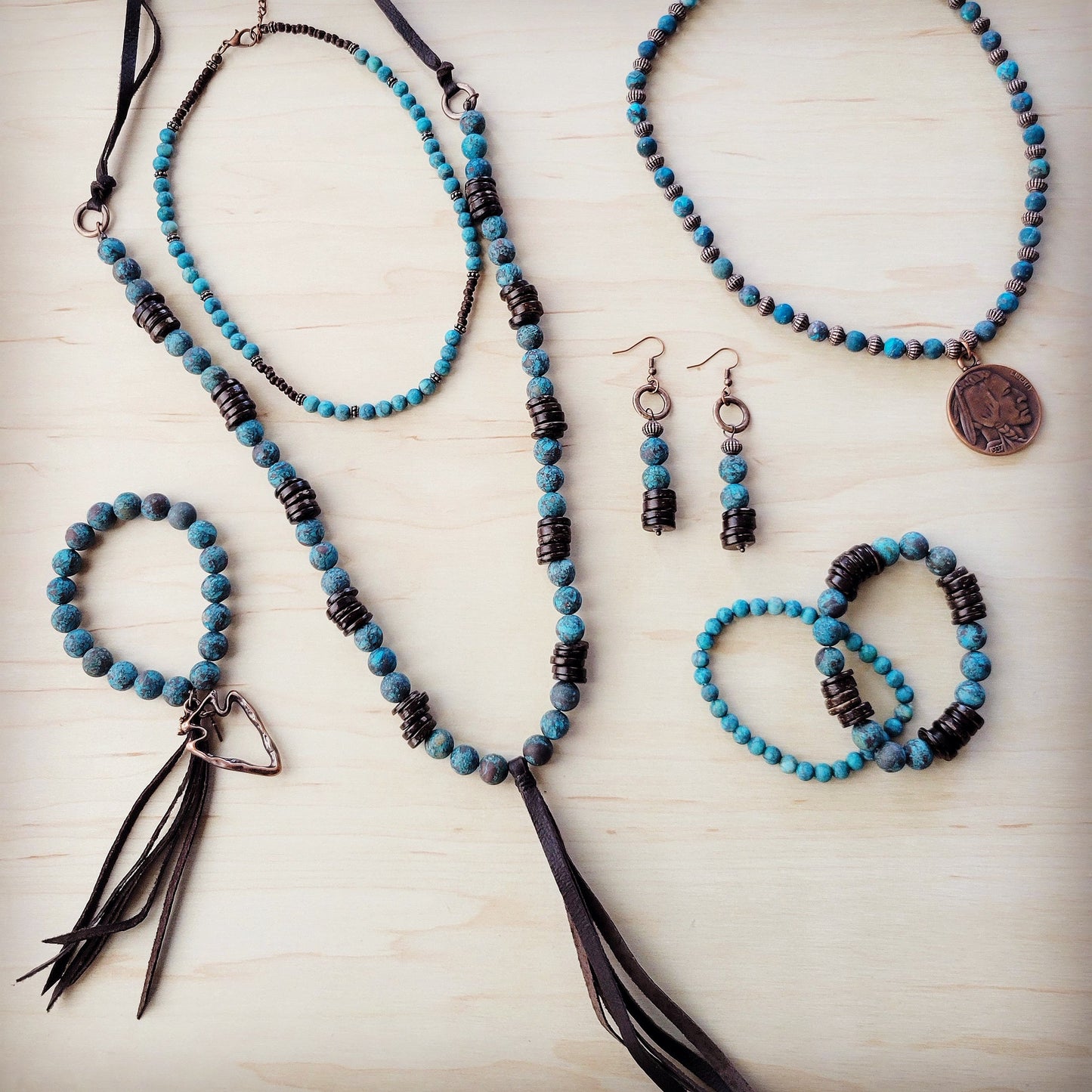 The Jewelry Junkie Natural American Turquoise Necklace w/ Wood Beads & Tassel 262i