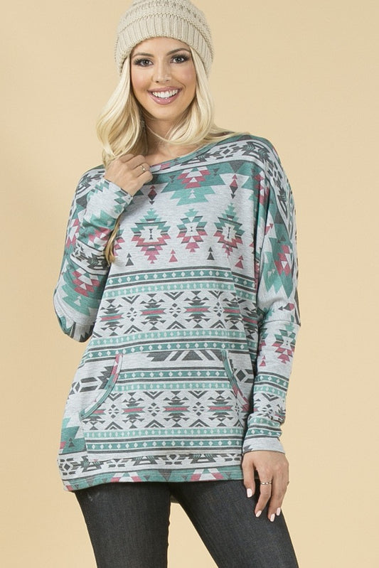 Smoky Mountain Gray Aztec Print Tunic with Pockets Made in America