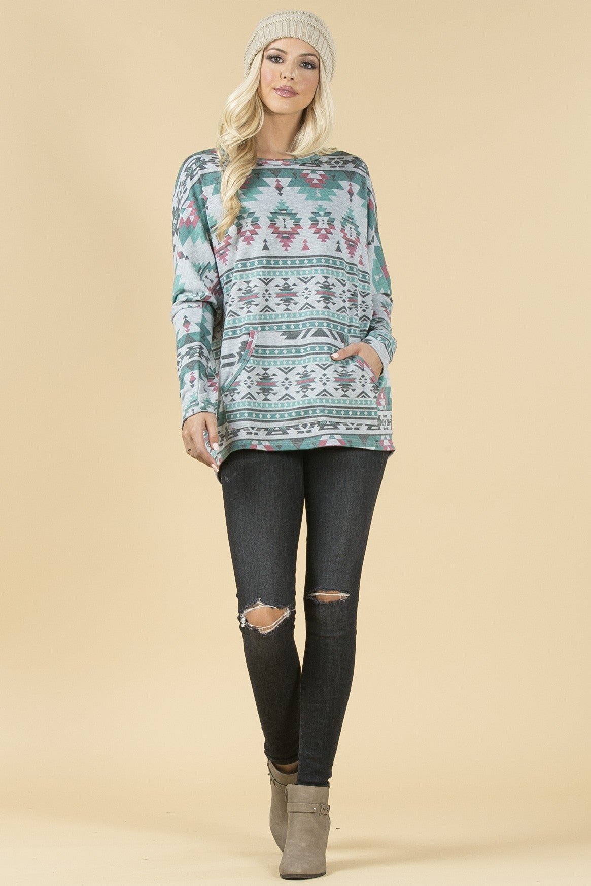 Smoky Mountain Gray Aztec Print Tunic with Pockets Made in America