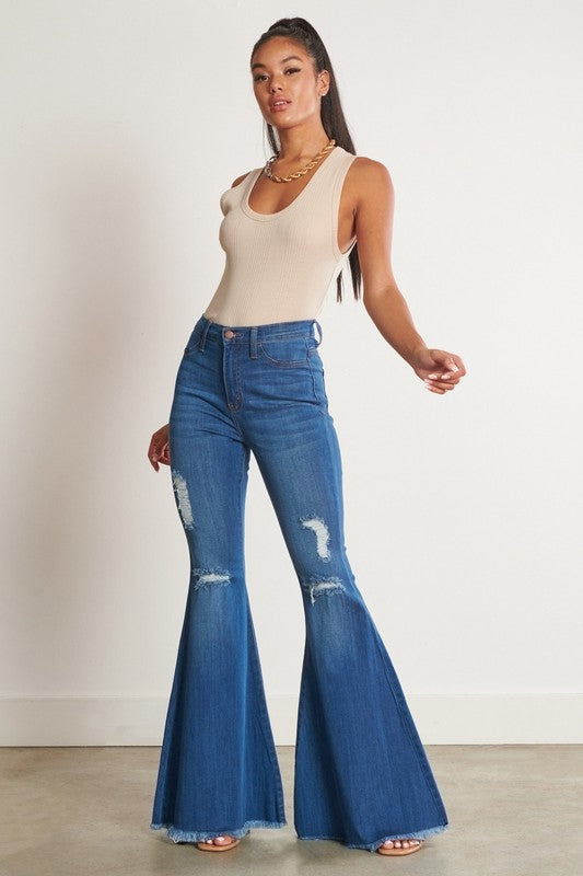 High Waisted Distressed Flare Bell Bottom Jeans 33" inseam