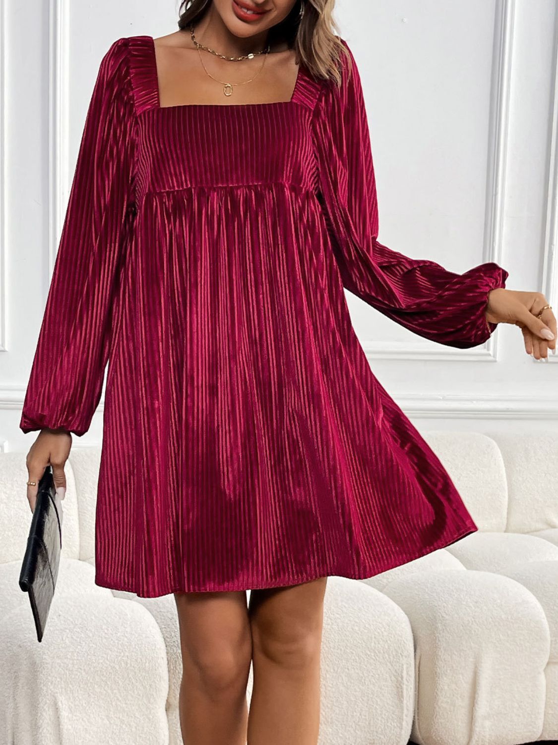 Ribbed Velvet Square Neck Long Sleeve Dress