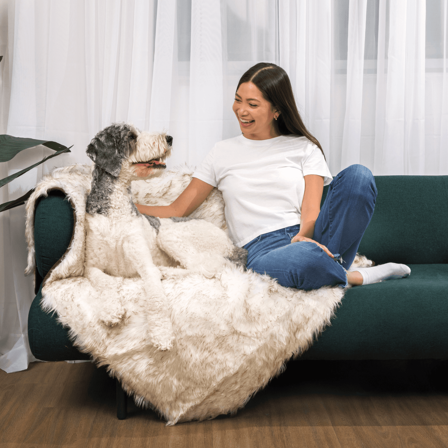 PupCloud™ Human-Size Dog Bed + Matching Waterproof Blanket Bundle - White with Brown Accents