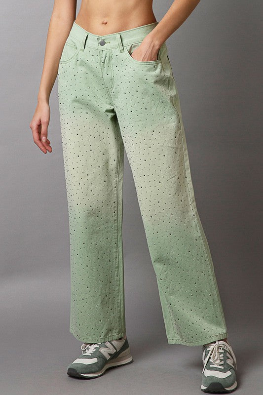 POL Rhinestone Gradient Wide Leg Pants