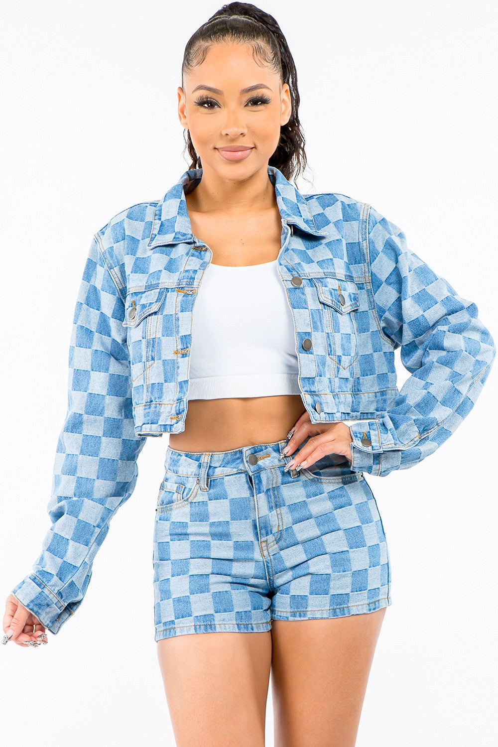 American Bazi Checkered Long Sleeve Cropped Denim Jacket Clearance