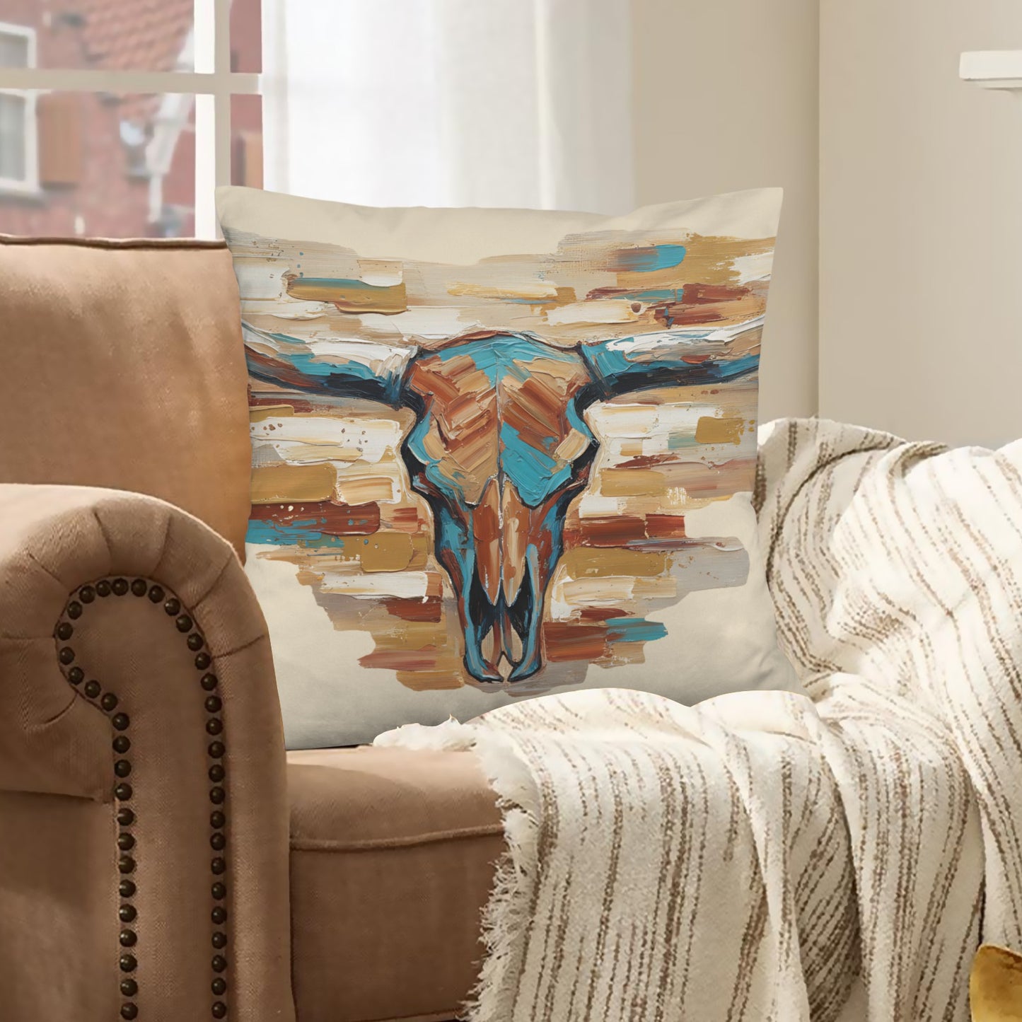Baha Ranch Painted Tan Longhorn Velvety Soft Pillow Case Made in America