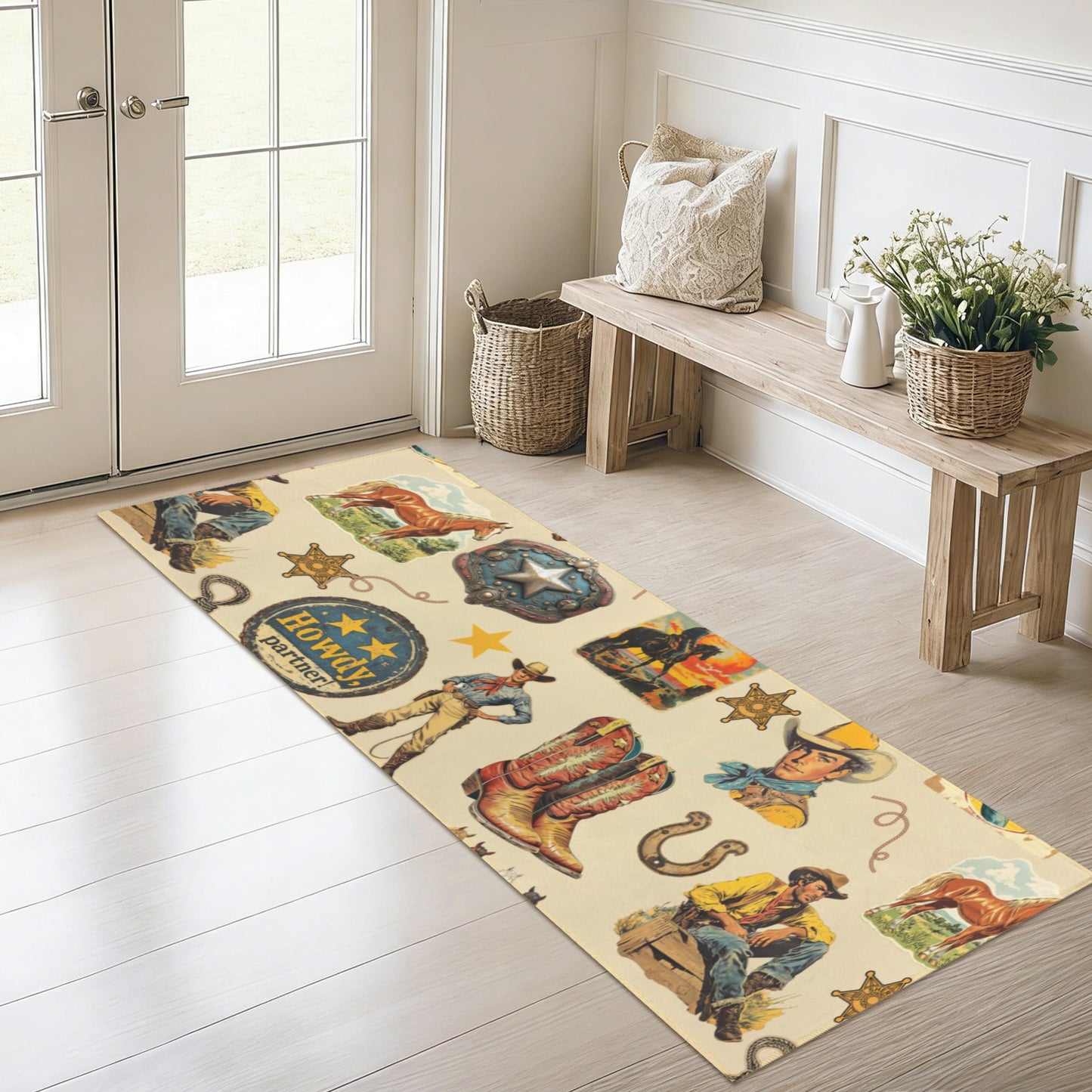 Baha Ranch Vintage Cowboy Collage Rug Runner Indoor 60" x 22" Made in America