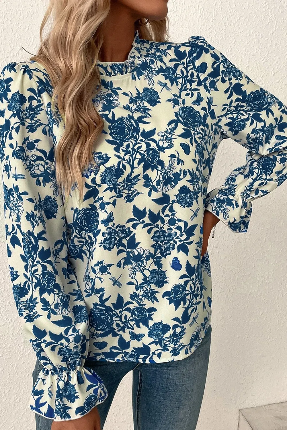 Floral Mock Neck Flounce Sleeve Blouse