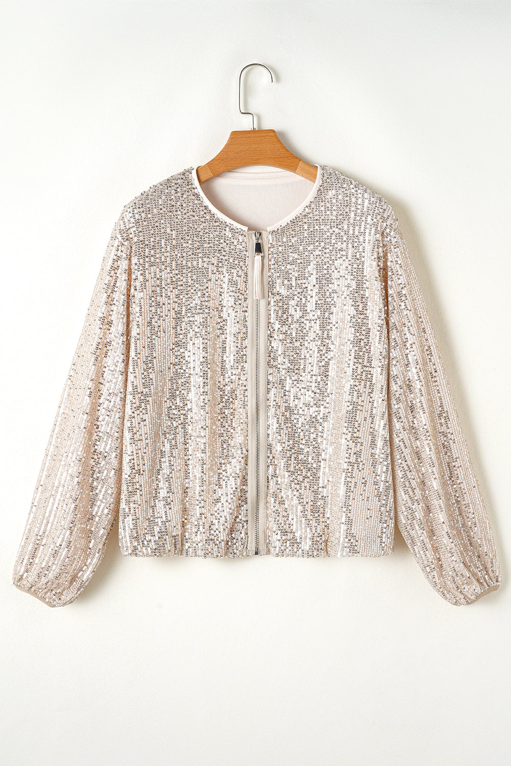Sequin Zip Up Round Neck Long Sleeve Jacket