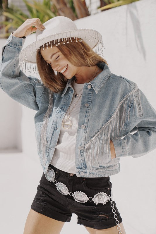 Denim Rhinestone Fringe Jacket choice of colors