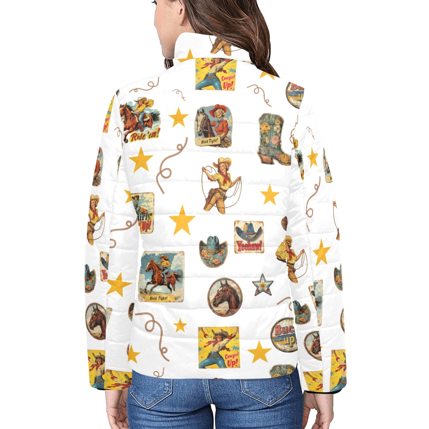 Vintage Cowgirl Collage Western Puffy Jacket