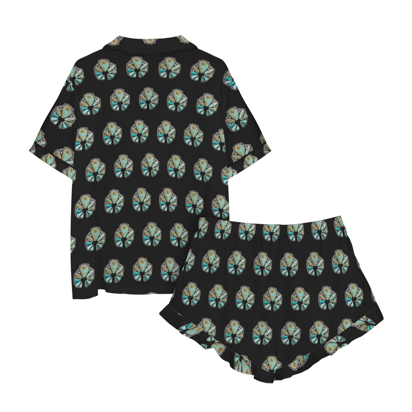 Turquoise Naja Black Western Satin Pajama set