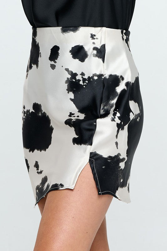 Made in USA Cow Print Satin Mini Skirt with Slit