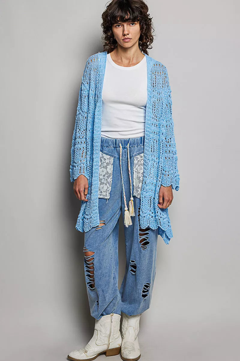 POL Openwork Crochet Lightweight Open Front Cardigan with