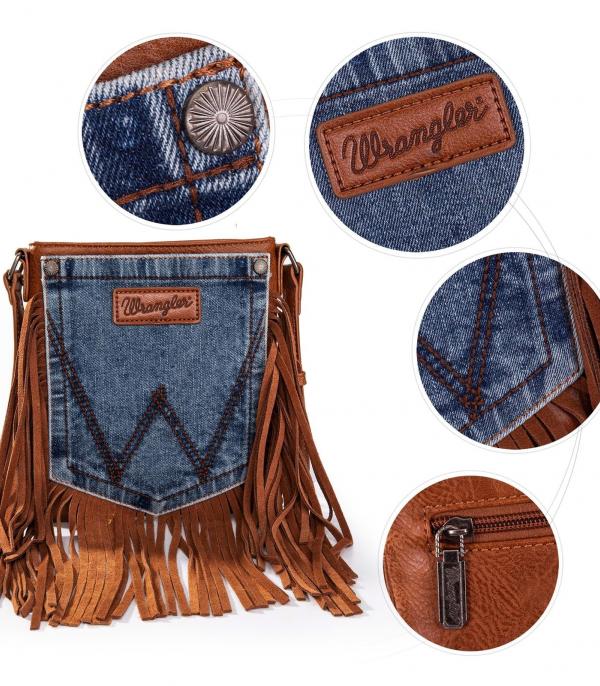 WRANGLER Denim & Brown Fringe Crossbody Bag - cowgirl, cowgirl style, cowgirlstyle, fringebag, original cowgirl, purse, wrangler -  - Baha Ranch Western Wear
