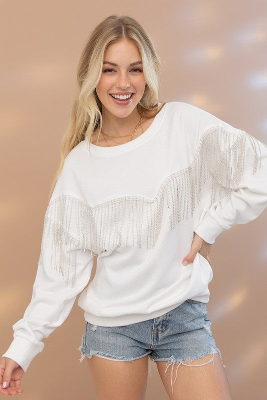 Rhinestone Fringe Pullover Top black or white