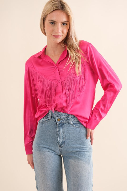 Satin Feel Shirt Blouse with Chevron Fringe choice of colors