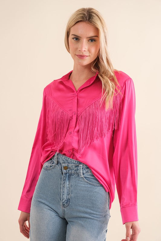 Satin Feel Shirt Blouse with Chevron Fringe choice of colors