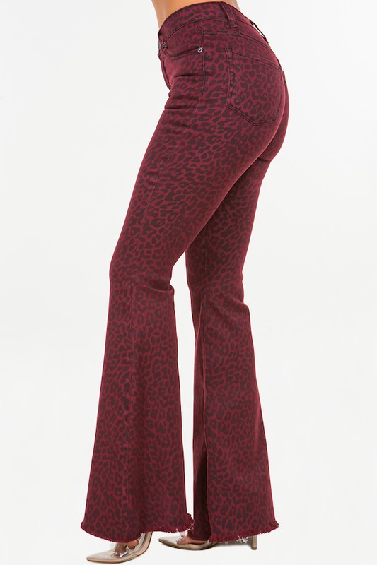 Leopard Print Bell Bottom Jean in Burgundy 34" inseam Made in the USA