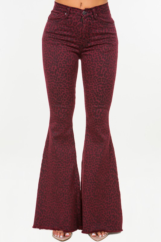 Leopard Print Bell Bottom Jean in Burgundy 34" inseam Made in the USA