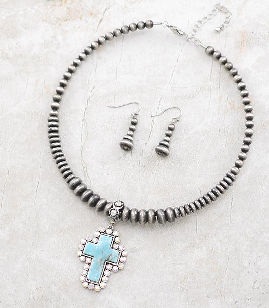 Rhinestone Turquoise Cross Necklace Set