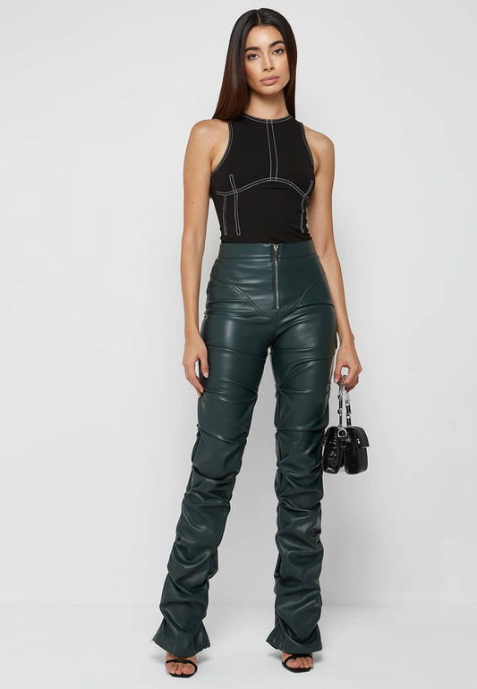 Ruched Faux Leather Green Pants