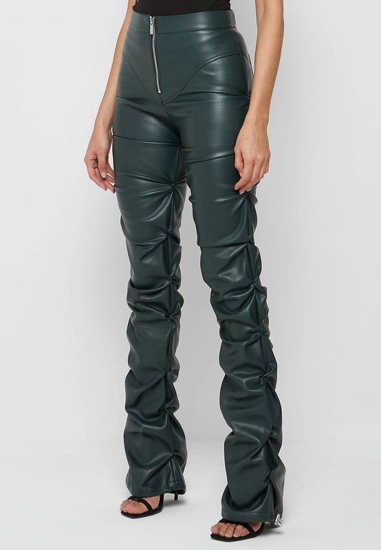 Ruched Faux Leather Green Pants