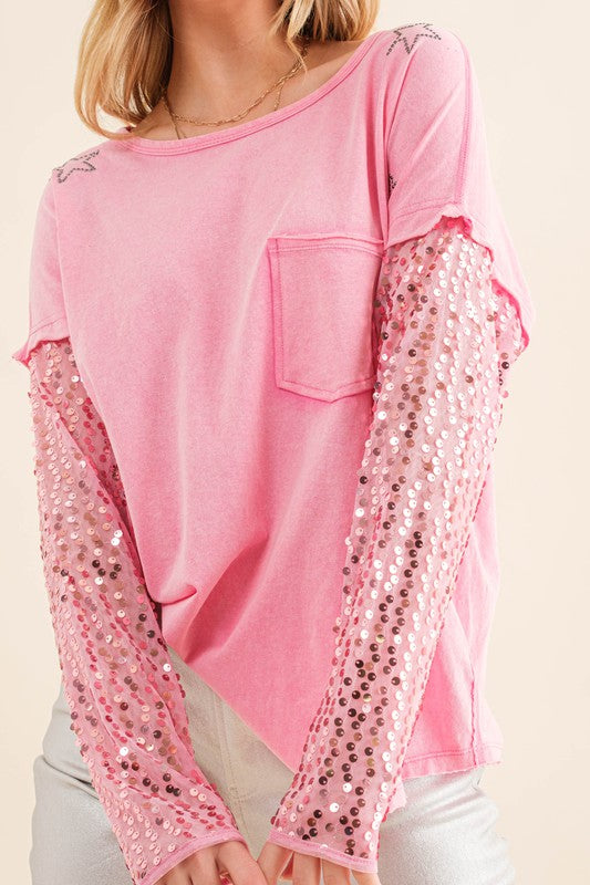 Star Printed Shoulder Sequin Top choice of colors