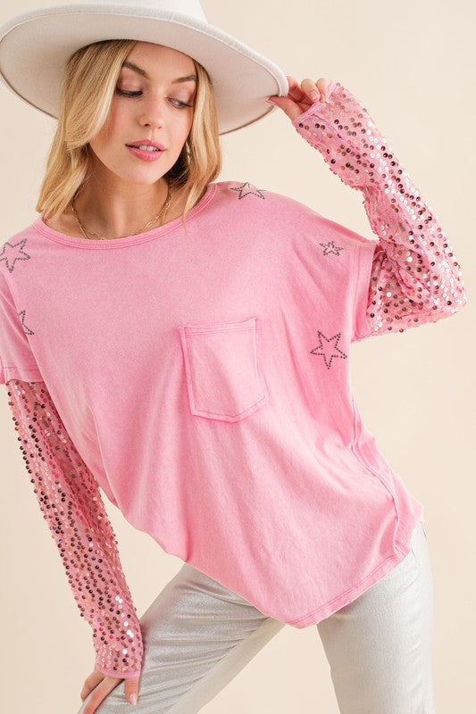 Star Printed Shoulder Sequin Top choice of colors