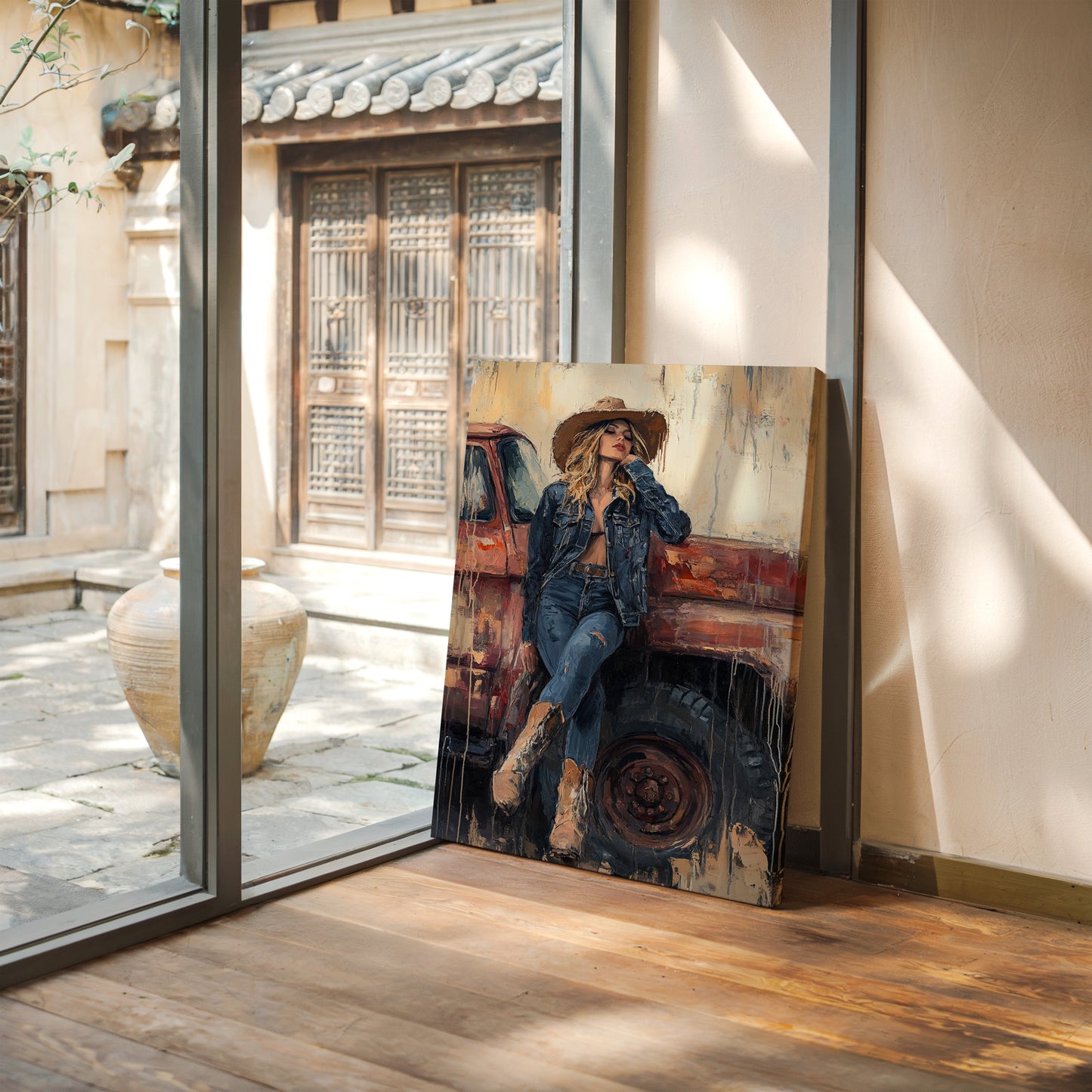 Denim Cowgirl by the Rusted Truck