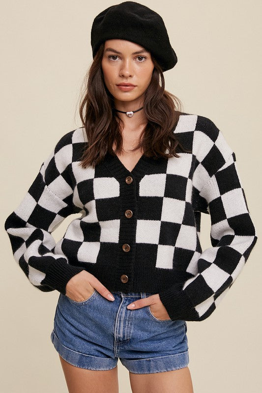 Bold Checkered Gingham Sweater Weaved Crop Cardigan choice of colors