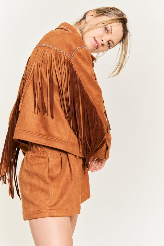 Calamity Jane Faux Suede Studded Fringe Jacket  Brown or Black